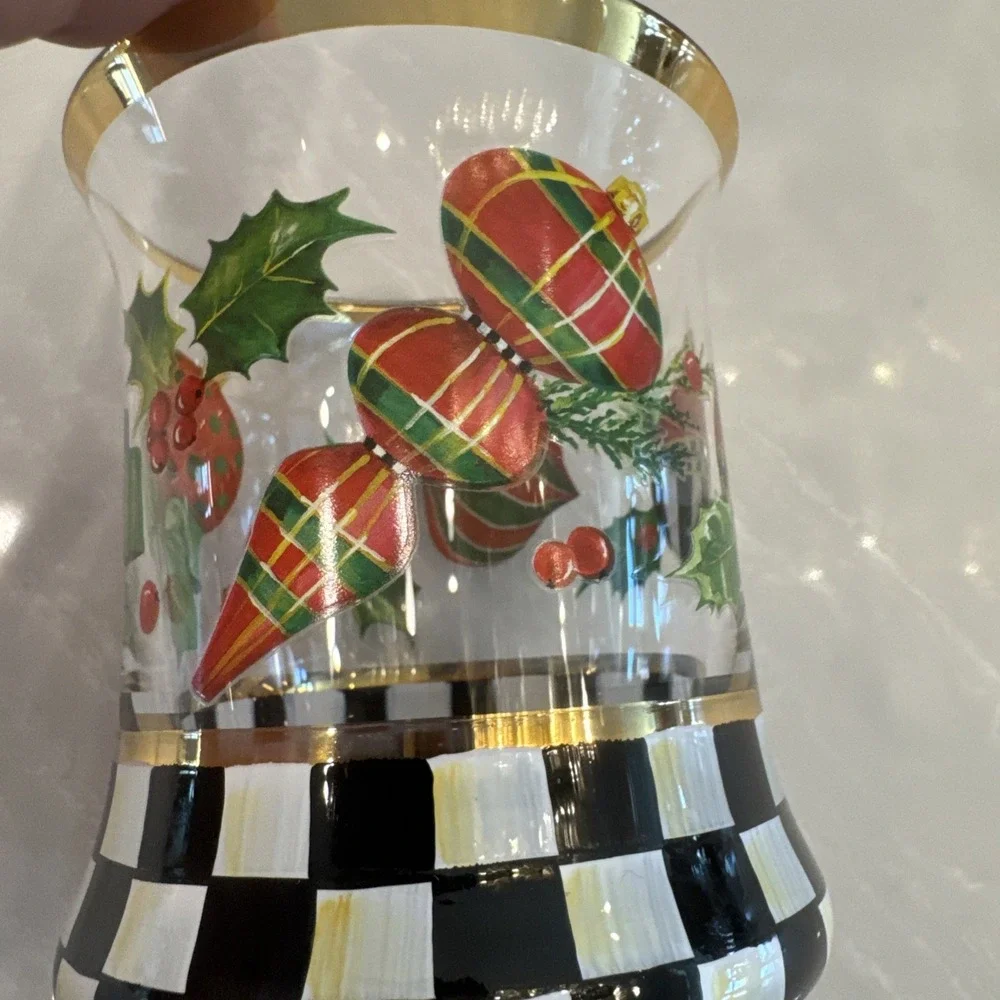 MacKenzie-Childs Deck the Halls Tumblers Set 2 Gold Rim Glass 8oz NEW